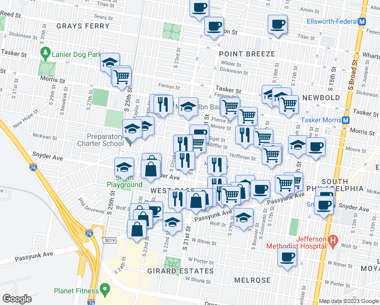 map of restaurants, bars, coffee shops, grocery stores, and more near 1931 South Beechwood Street in Philadelphia