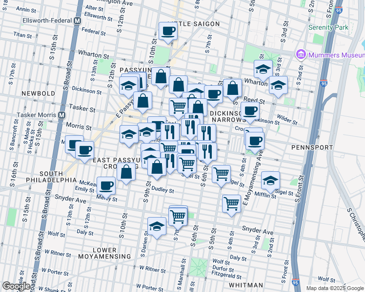 map of restaurants, bars, coffee shops, grocery stores, and more near 748 Morris Street in Philadelphia