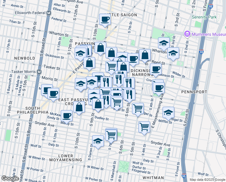 map of restaurants, bars, coffee shops, grocery stores, and more near 728 Morris Street in Philadelphia