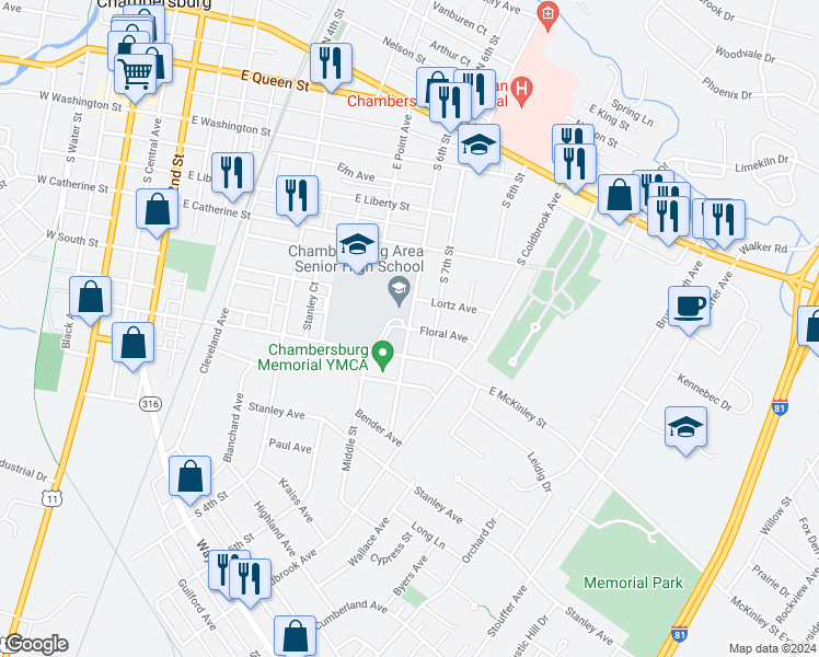 map of restaurants, bars, coffee shops, grocery stores, and more near 700 Floral Avenue in Chambersburg