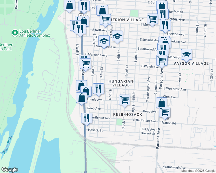 map of restaurants, bars, coffee shops, grocery stores, and more near 1733 South 5th Street in Columbus