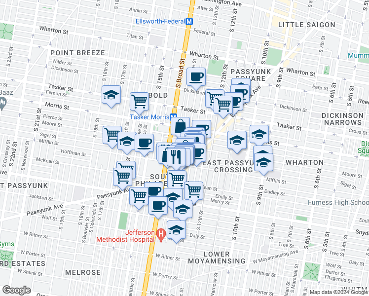 map of restaurants, bars, coffee shops, grocery stores, and more near 1318 Moore Street in Philadelphia