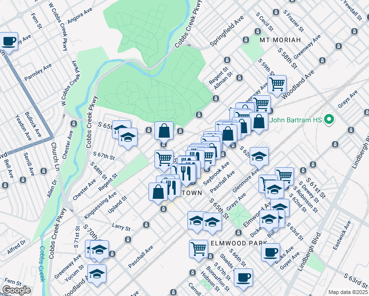 map of restaurants, bars, coffee shops, grocery stores, and more near 2001 South Avondale Street in Philadelphia