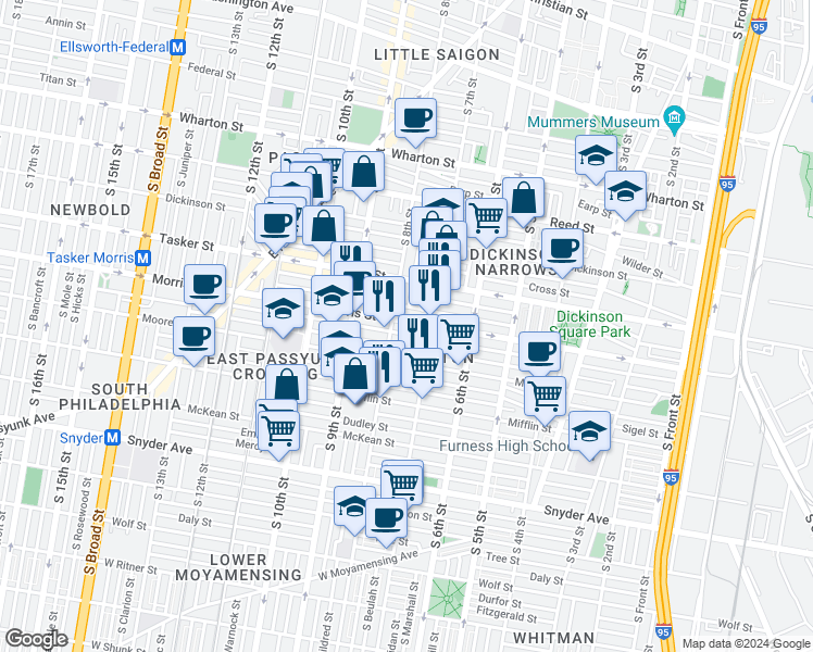 map of restaurants, bars, coffee shops, grocery stores, and more near 732 Morris Street in Philadelphia