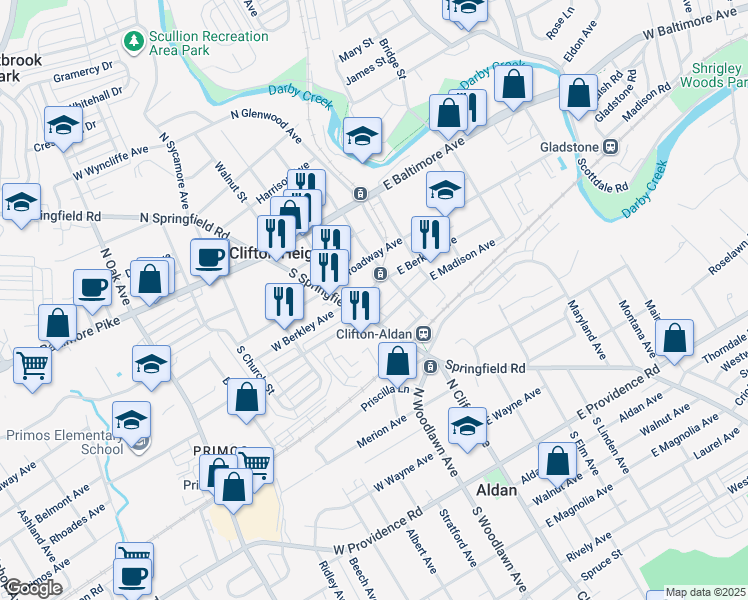 map of restaurants, bars, coffee shops, grocery stores, and more near 17 Windsor Lane in Clifton Heights