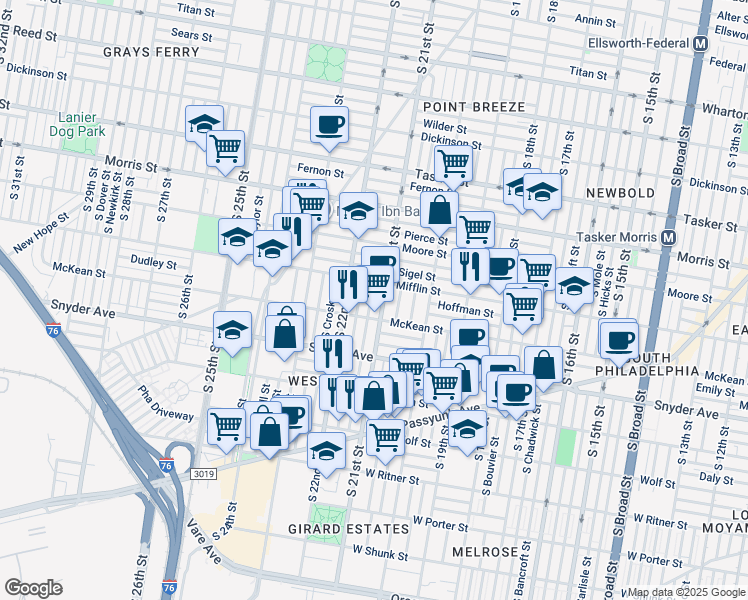 map of restaurants, bars, coffee shops, grocery stores, and more near 1927 South Norwood Street in Philadelphia