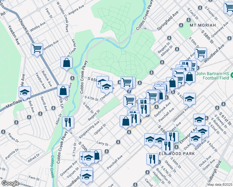 map of restaurants, bars, coffee shops, grocery stores, and more near 6544 Allman Street in Philadelphia