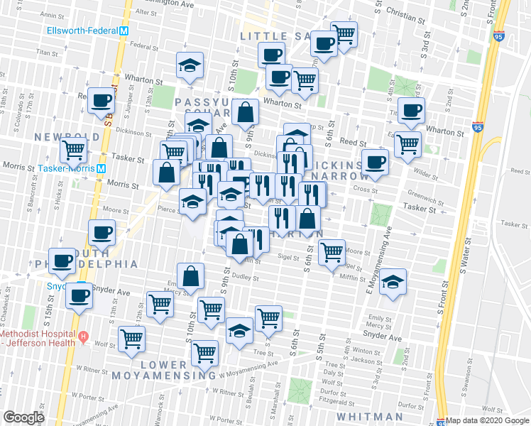 map of restaurants, bars, coffee shops, grocery stores, and more near 748 Morris Street in Philadelphia