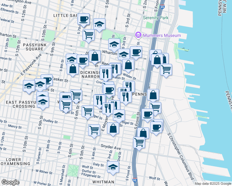 map of restaurants, bars, coffee shops, grocery stores, and more near 1611 East Moyamensing Avenue in Philadelphia
