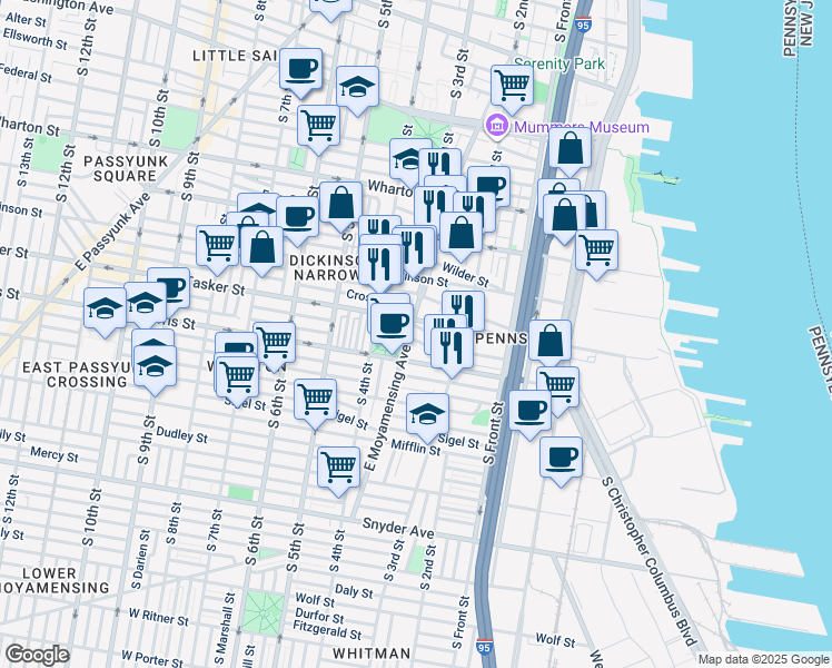 map of restaurants, bars, coffee shops, grocery stores, and more near 1611 East Moyamensing Avenue in Philadelphia