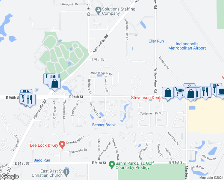 map of restaurants, bars, coffee shops, grocery stores, and more near 9636 Pine Ridge East Drive in Fishers