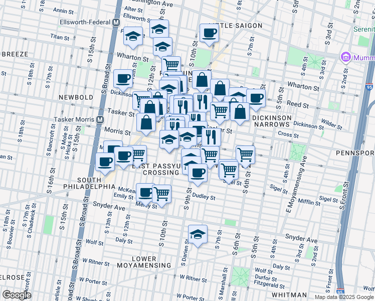 map of restaurants, bars, coffee shops, grocery stores, and more near 916 Watkins Street in Philadelphia