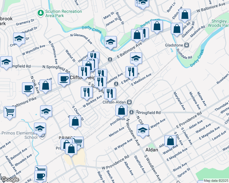 map of restaurants, bars, coffee shops, grocery stores, and more near 17 Windsor Lane in Clifton Heights