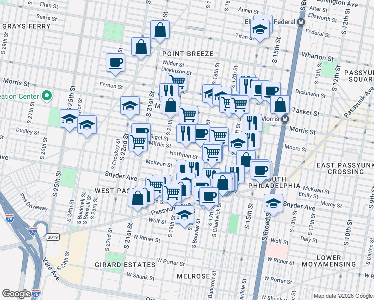map of restaurants, bars, coffee shops, grocery stores, and more near 1901 South 19th Street in Philadelphia