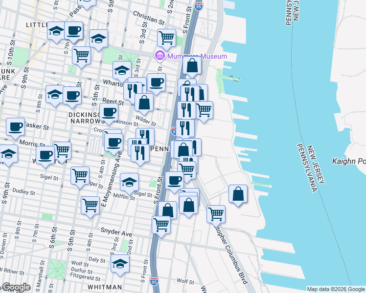 map of restaurants, bars, coffee shops, grocery stores, and more near 1500 South Christopher Columbus Boulevard in Philadelphia