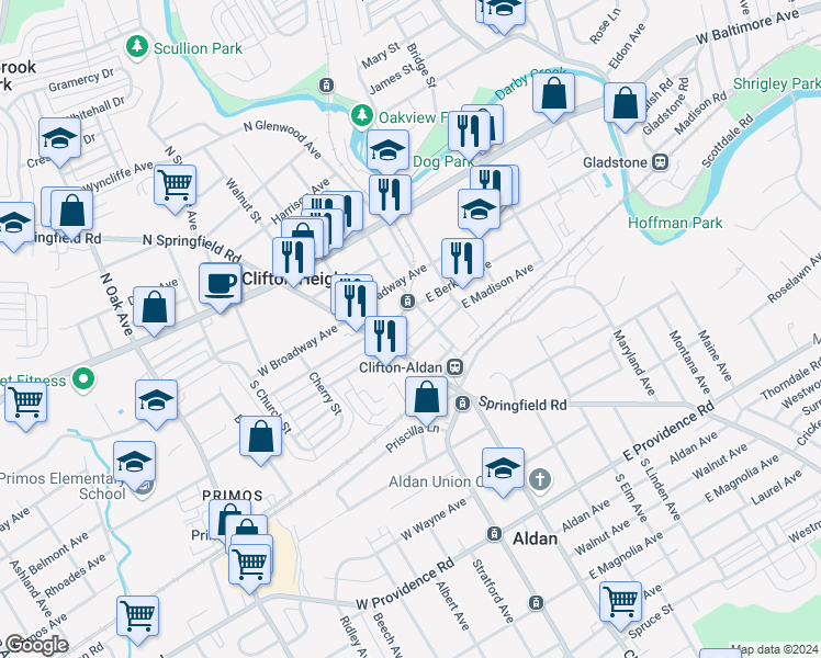 map of restaurants, bars, coffee shops, grocery stores, and more near 22 Windsor Lane in Clifton Heights