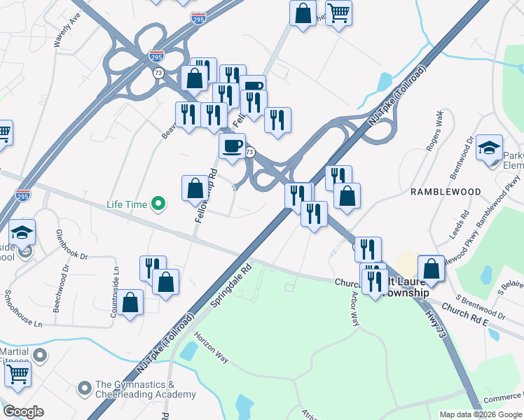 map of restaurants, bars, coffee shops, grocery stores, and more near 250 Century Parkway in Mount Laurel Township
