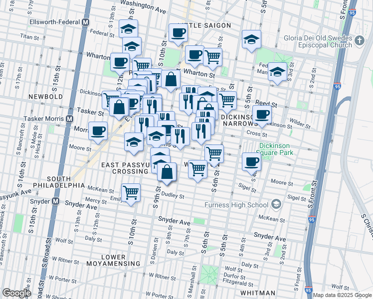 map of restaurants, bars, coffee shops, grocery stores, and more near 744 Morris Street in Philadelphia