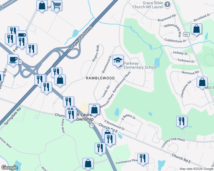 map of restaurants, bars, coffee shops, grocery stores, and more near 106 Oakmont Road in Mount Laurel Township