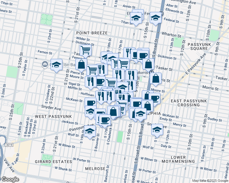 map of restaurants, bars, coffee shops, grocery stores, and more near 1837 South 17th Street in Philadelphia