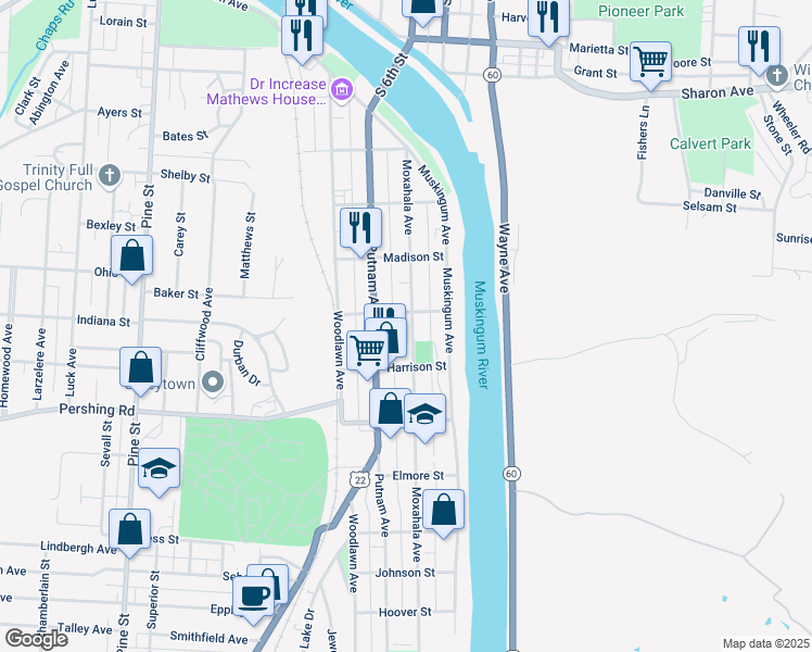 map of restaurants, bars, coffee shops, grocery stores, and more near 662 Moxahala Avenue in Zanesville