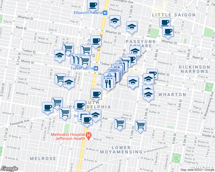 map of restaurants, bars, coffee shops, grocery stores, and more near S 13th St & W Moore St in Philadelphia