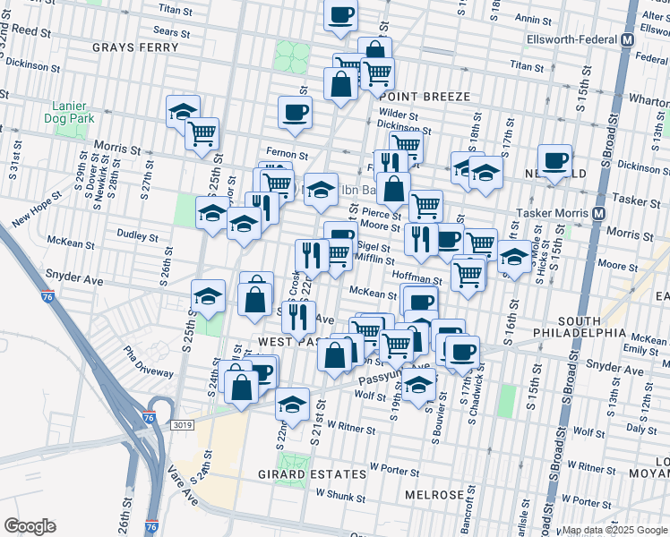 map of restaurants, bars, coffee shops, grocery stores, and more near 1927 South Norwood Street in Philadelphia