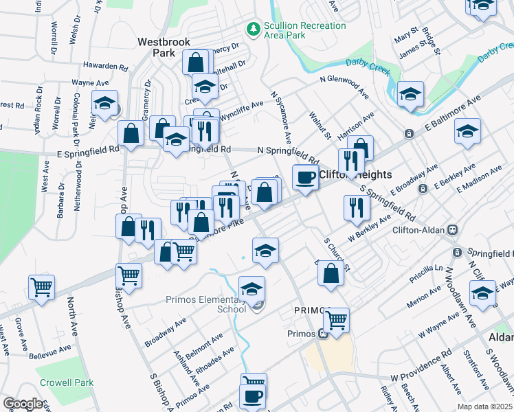 map of restaurants, bars, coffee shops, grocery stores, and more near 45 North Oak Avenue in Clifton Heights