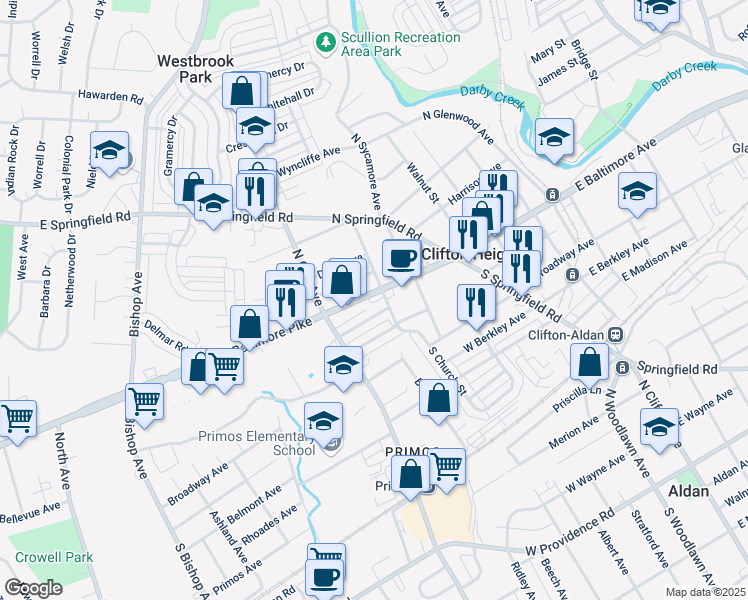 map of restaurants, bars, coffee shops, grocery stores, and more near 199 West Baltimore Pike in Clifton Heights
