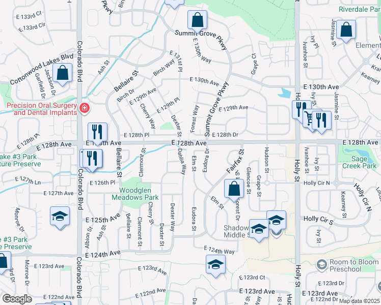 map of restaurants, bars, coffee shops, grocery stores, and more near 12789 Elm Street in Thornton