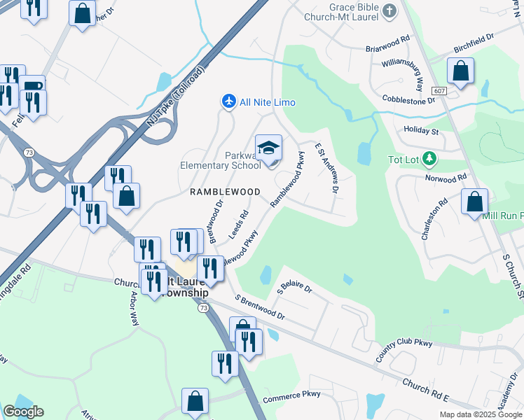 map of restaurants, bars, coffee shops, grocery stores, and more near 134 Ramblewood Parkway in Mount Laurel Township