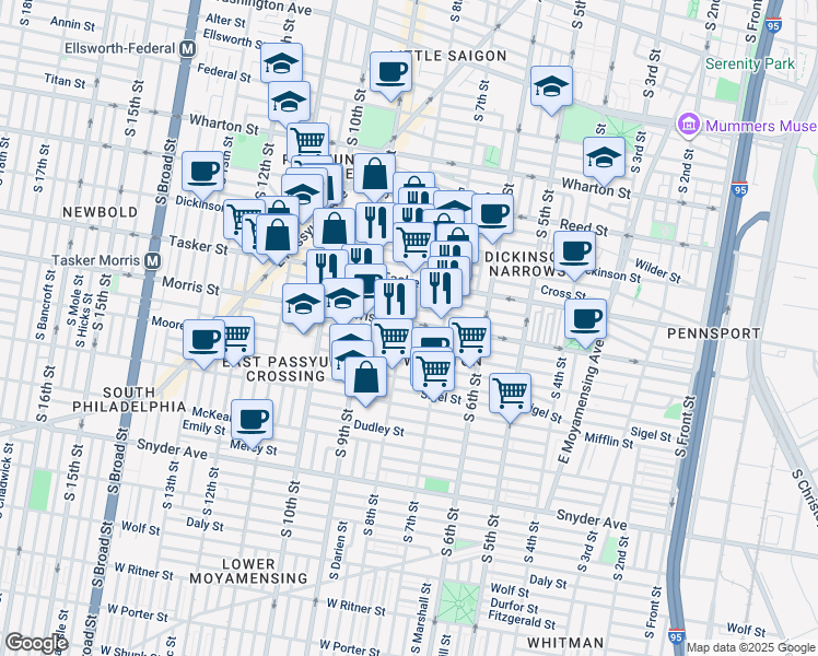 map of restaurants, bars, coffee shops, grocery stores, and more near 744 Morris Street in Philadelphia