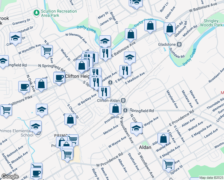 map of restaurants, bars, coffee shops, grocery stores, and more near 22 Windsor Lane in Clifton Heights