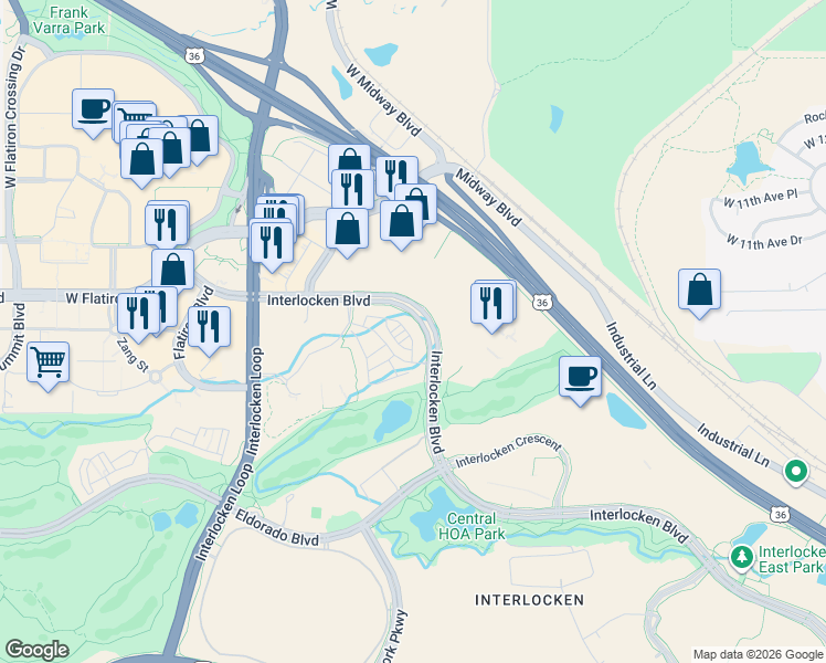 map of restaurants, bars, coffee shops, grocery stores, and more near 586 Interlocken Boulevard in Broomfield