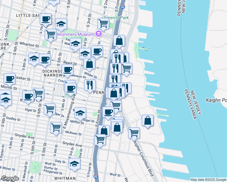 map of restaurants, bars, coffee shops, grocery stores, and more near 1530 South Christopher Columbus Boulevard in Philadelphia