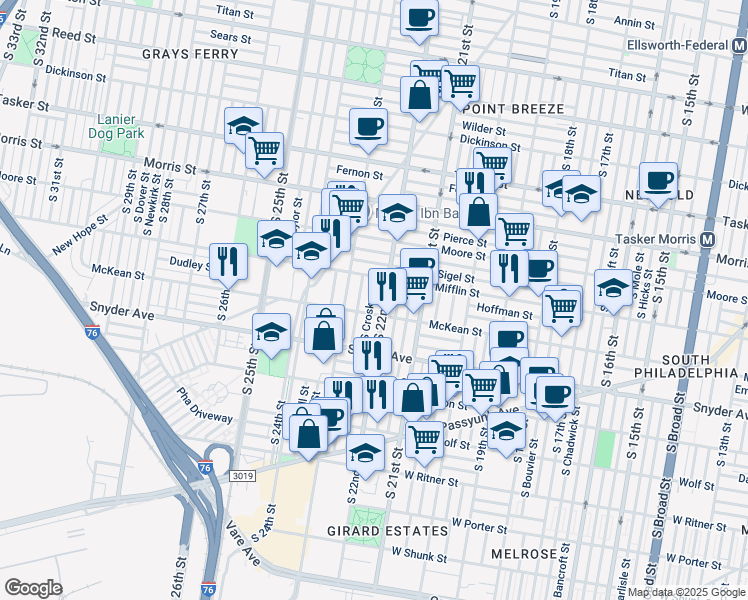 map of restaurants, bars, coffee shops, grocery stores, and more near 1935 South Croskey Street in Philadelphia