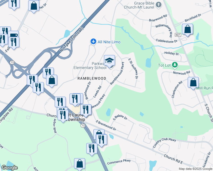 map of restaurants, bars, coffee shops, grocery stores, and more near 134 Ramblewood Parkway in Mount Laurel Township