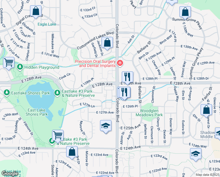 map of restaurants, bars, coffee shops, grocery stores, and more near 3980 East 128th Avenue in Thornton