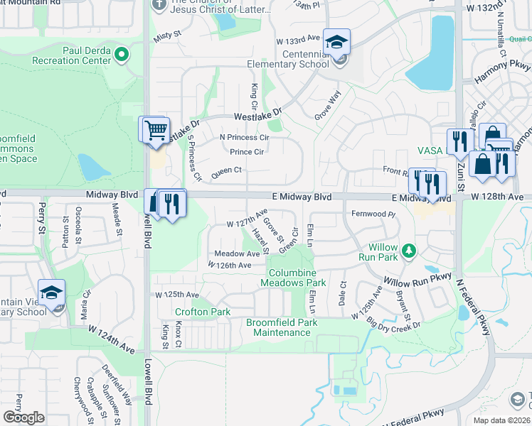 map of restaurants, bars, coffee shops, grocery stores, and more near 12790 Hazel Street in Broomfield
