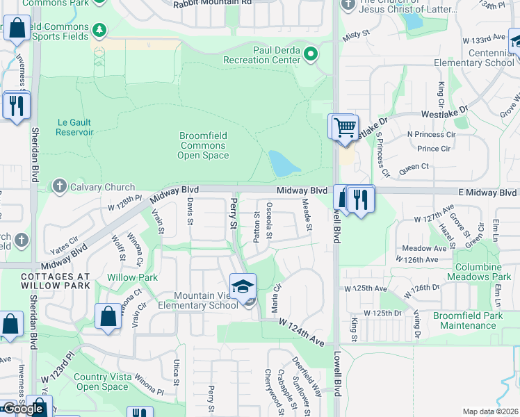 map of restaurants, bars, coffee shops, grocery stores, and more near 3915 West 127th Avenue in Broomfield