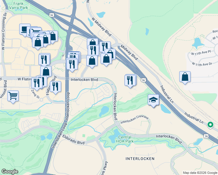 map of restaurants, bars, coffee shops, grocery stores, and more near 586 Interlocken Boulevard in Broomfield