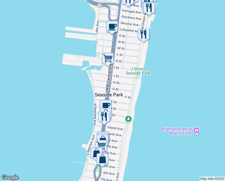 map of restaurants, bars, coffee shops, grocery stores, and more near 65 H Street in Seaside Park