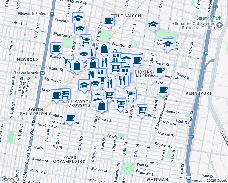 map of restaurants, bars, coffee shops, grocery stores, and more near 807 Mountain Street in Philadelphia