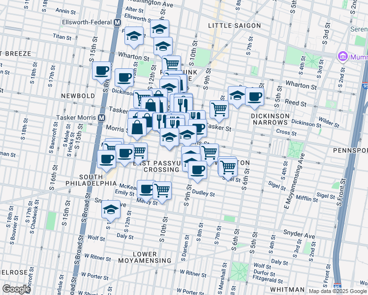 map of restaurants, bars, coffee shops, grocery stores, and more near 926 Watkins Street in Philadelphia