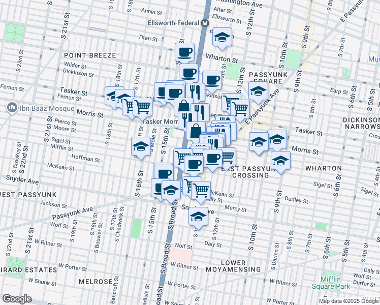 map of restaurants, bars, coffee shops, grocery stores, and more near 1344 Castle Avenue in Philadelphia