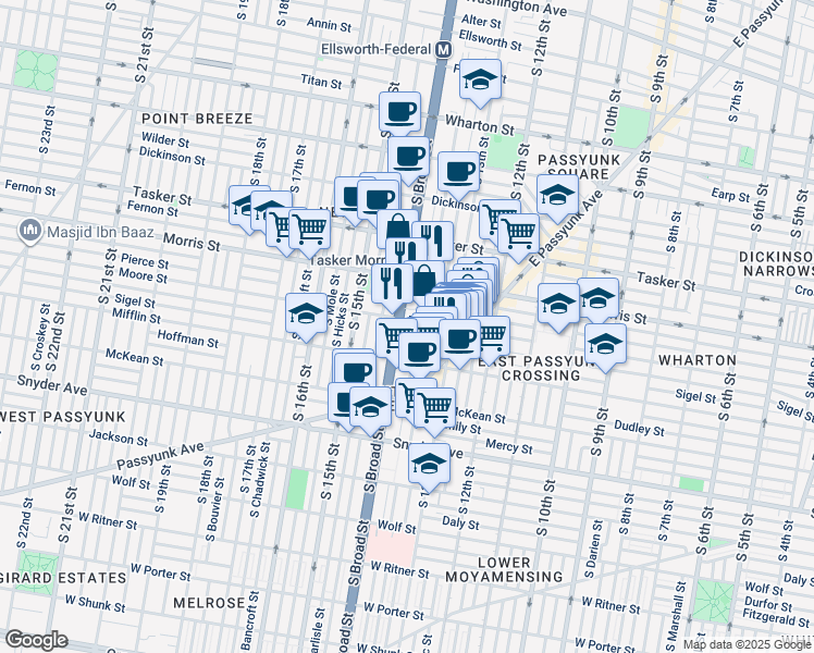 map of restaurants, bars, coffee shops, grocery stores, and more near 1344 Castle Avenue in Philadelphia