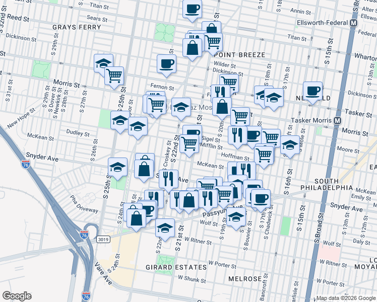map of restaurants, bars, coffee shops, grocery stores, and more near 2129 Mifflin Street in Philadelphia