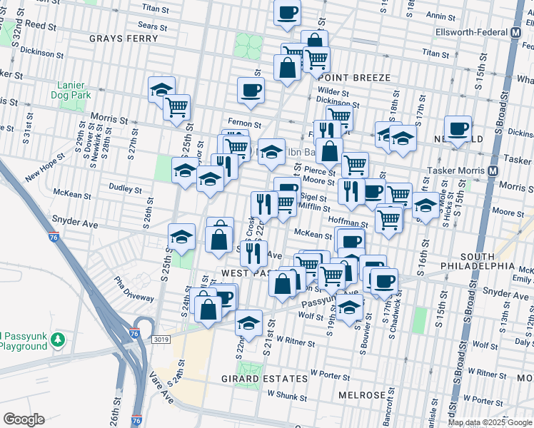 map of restaurants, bars, coffee shops, grocery stores, and more near 2129 Mifflin Street in Philadelphia