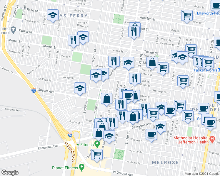 map of restaurants, bars, coffee shops, grocery stores, and more near 1910 South Bonsall Street in Philadelphia