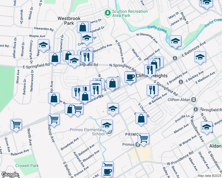 map of restaurants, bars, coffee shops, grocery stores, and more near 234 High Street in Clifton Heights
